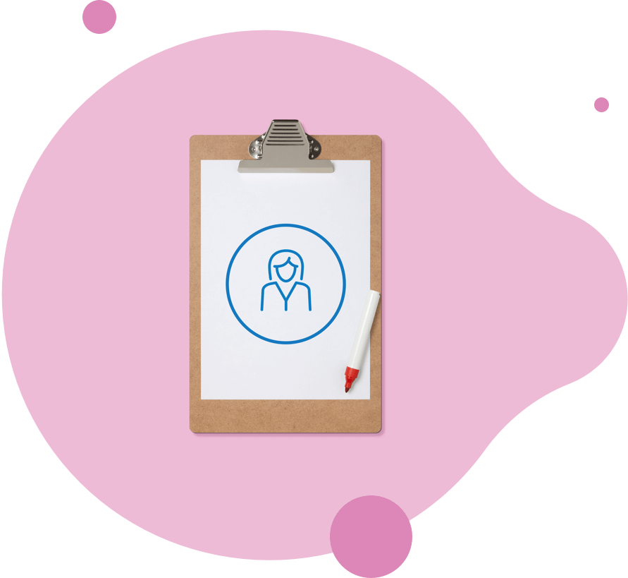 Clipboard holding paper with icon of person on a pink background
