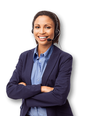 Smiling customer service representative in a navy suit with a headset
