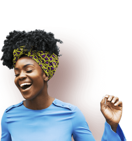 Happy woman wearing a blue shirt and head wrap with hand raised