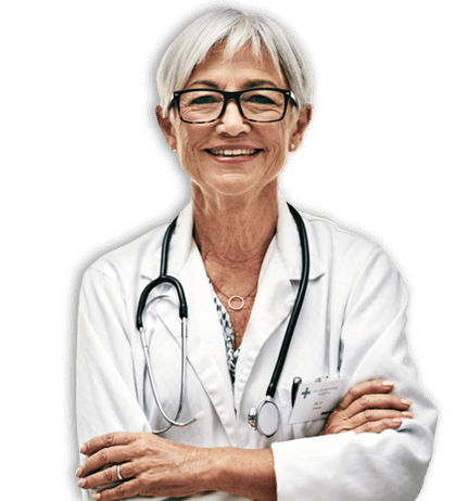 smiling health provider in white coat with stethoscope