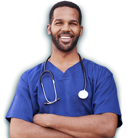 Smiling doctor in scrubs with black stethoscope