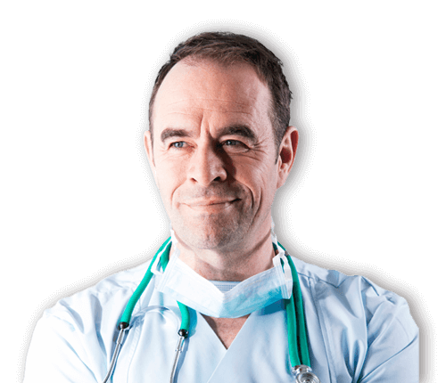 Smirking doctor with mask and stethoscope around neck